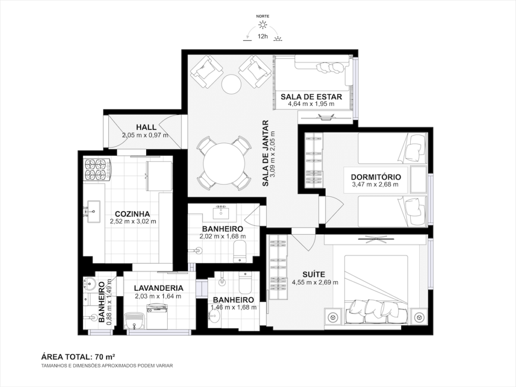 Planta baixa 2D com mobiliário, nome e medidas de cada cômodo, indicação de norte e área total de 70 m²