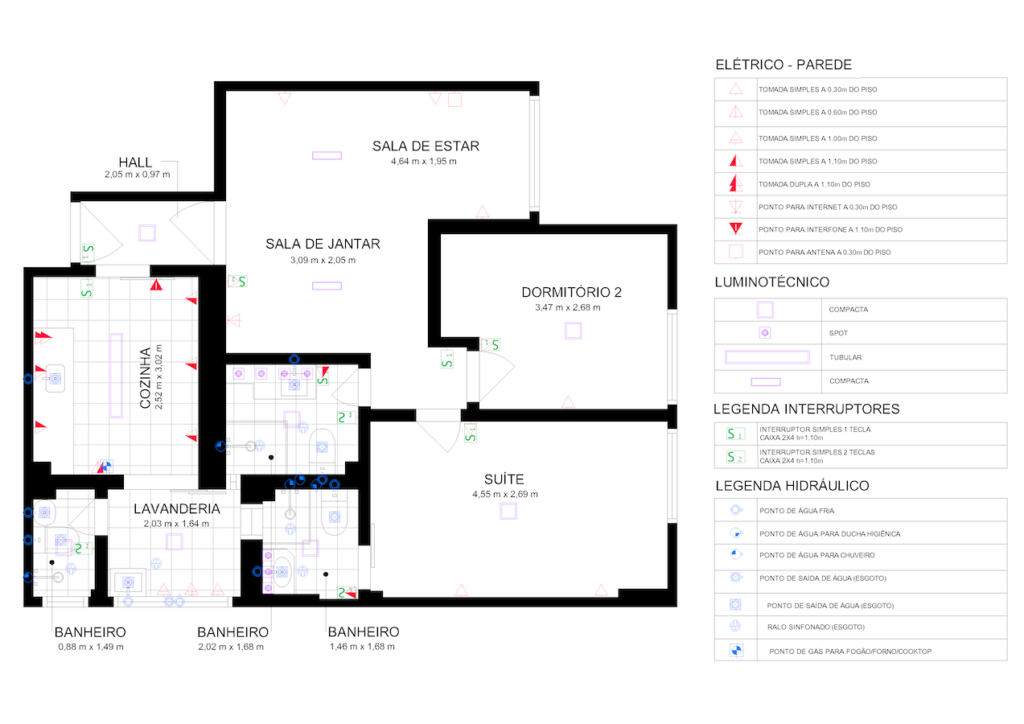 Planta baixa técnica com quatro blocos de legenda — elétrico de parede, luminotécnico, interruptores e hidráulico — e as medidas de cada cômodo