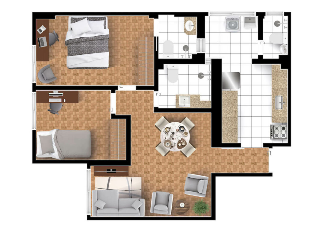 Planta humanizada colorida do mesmo apartamento, com textura de piso, mobiliário e vista superior sem o teto